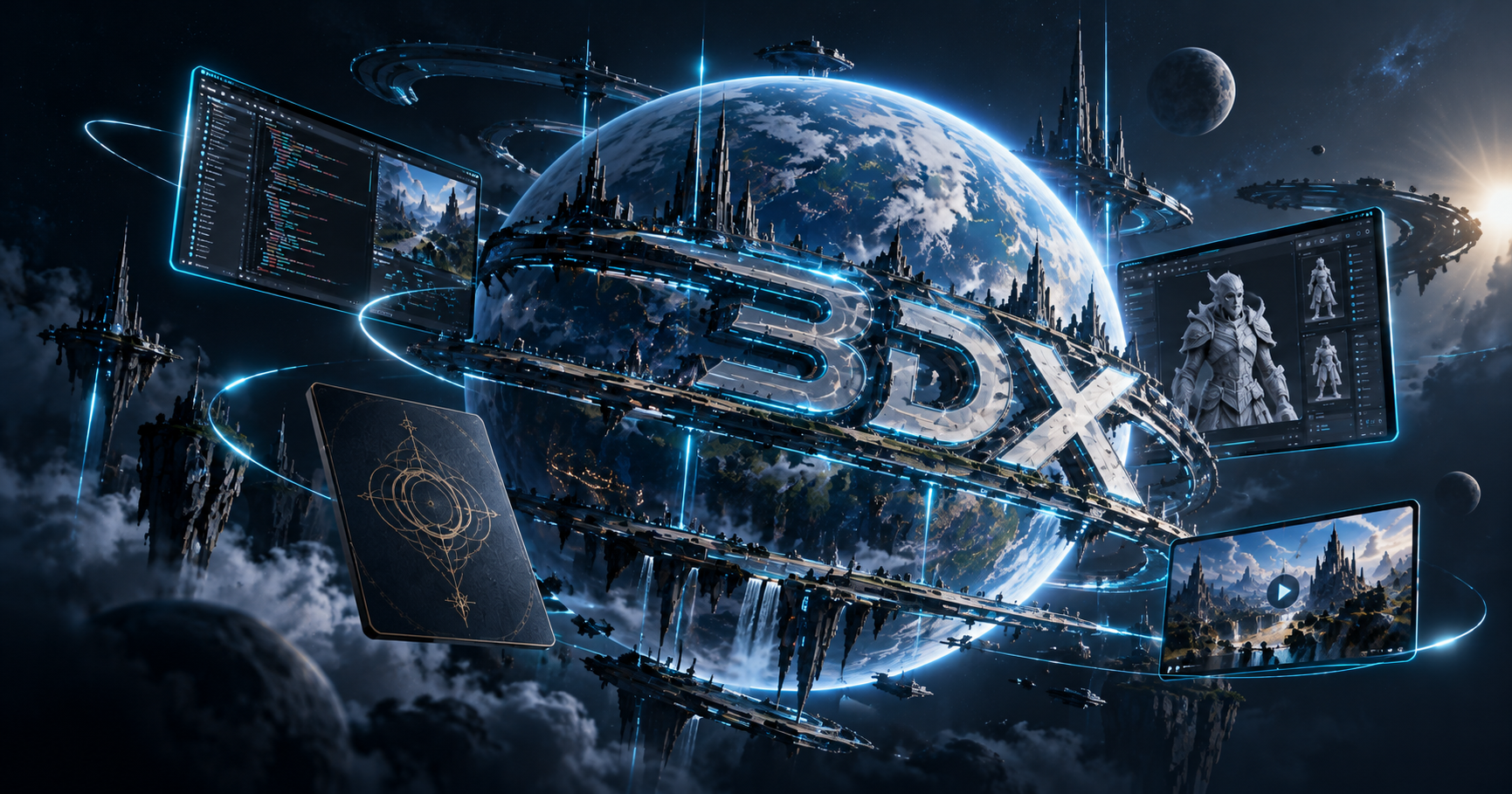 Conceptual 3DX world surrounded by creative and technical artifacts