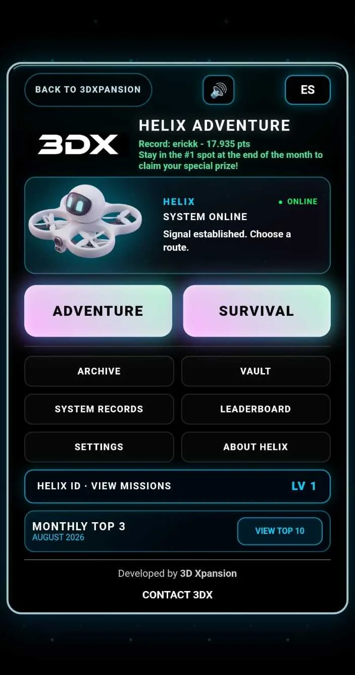 Menú real de Helix Adventure